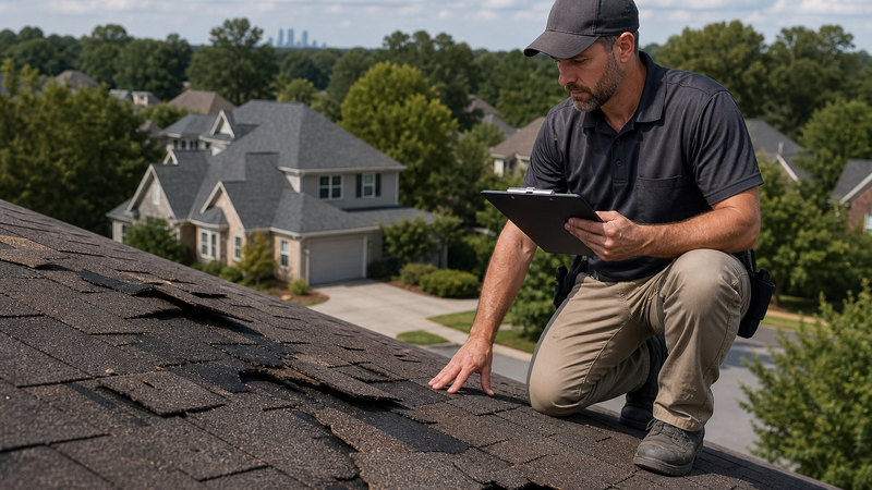 Roofer inspecting storm damage on a residential roof for an insurance claim in Atlanta